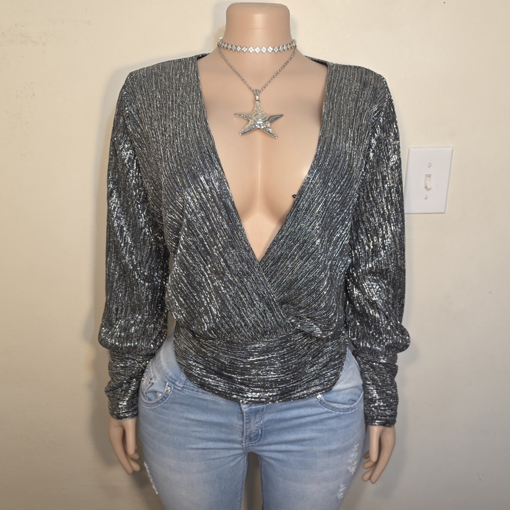 Express Shimmering Silver Wrap Blouse NWOT